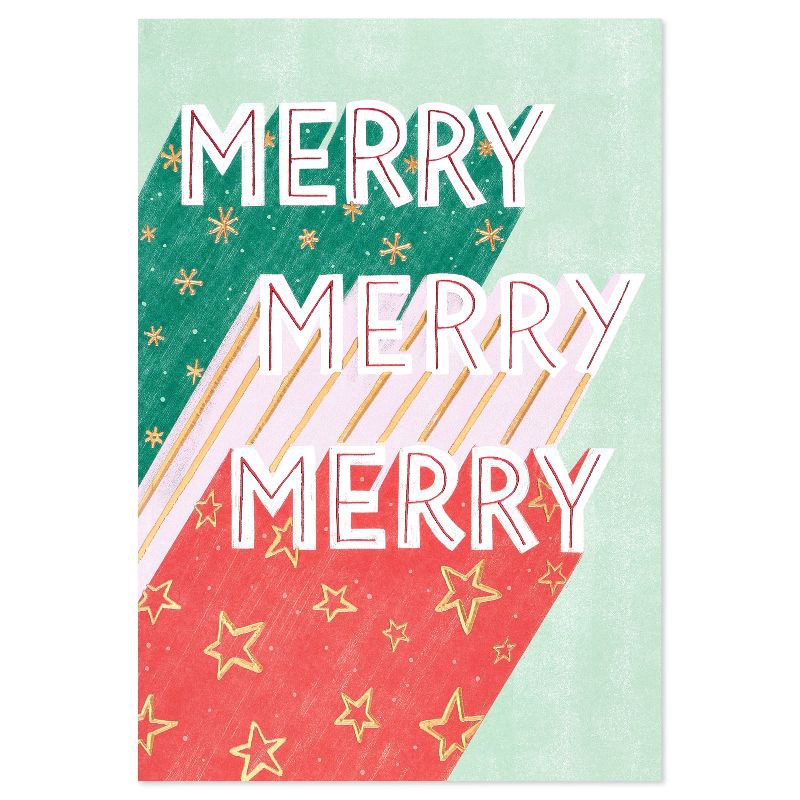 slide 4 of 5, Carlton Cards Merry Merry Merry Christmas Card: Holiday Greeting, Vertical Fold, Multicolored Typography Design, 1 ct