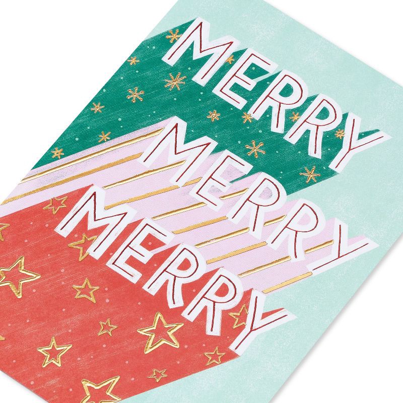 slide 5 of 5, Carlton Cards Merry Merry Merry Christmas Card: Holiday Greeting, Vertical Fold, Multicolored Typography Design, 1 ct