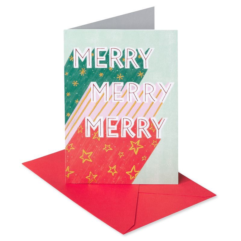 slide 1 of 5, Carlton Cards Merry Merry Merry Christmas Card: Holiday Greeting, Vertical Fold, Multicolored Typography Design, 1 ct