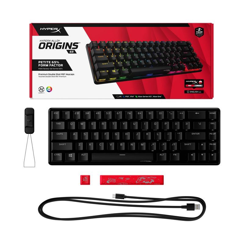 slide 10 of 18, HyperX Alloy Origins 65 Mechanical Gaming Keyboard for PC: RGB Lighting, USB-A Connection, 1 ct