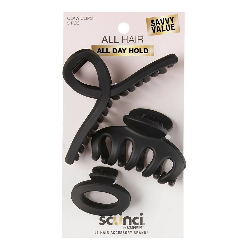 slide 1 of 8, scunci scünci Assorted Styles Claw Clips - Matte Black - All Hair - 3pcs, 3 ct