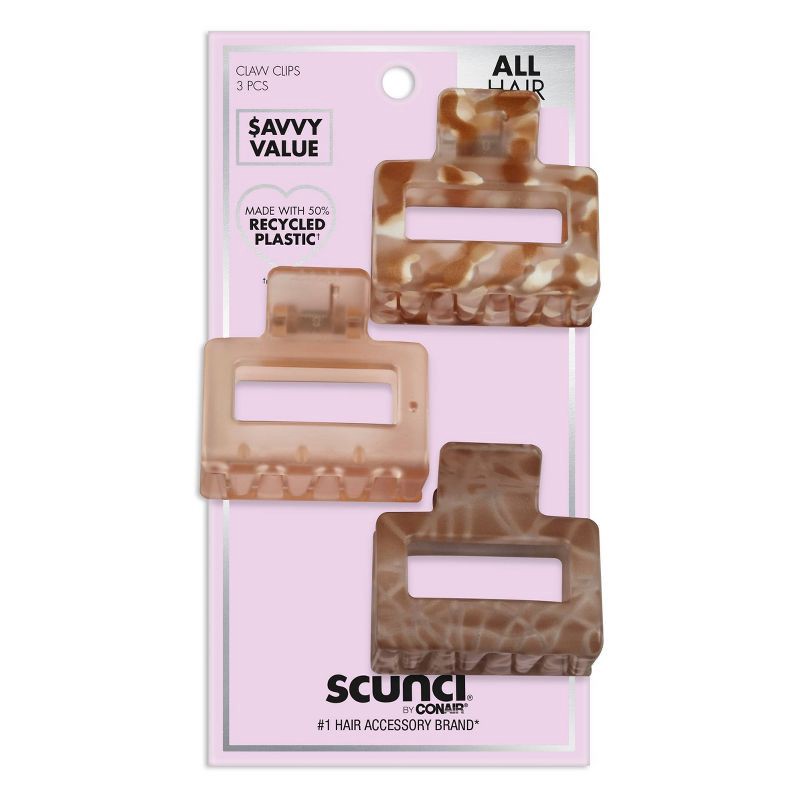 slide 1 of 9, scunci scünci Recycled Rectangular Open Center Claw Clips - Neutral - All Hair - 3pk, 3 ct