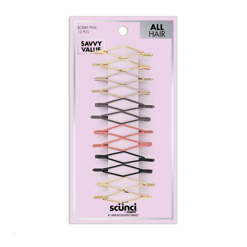 slide 1 of 5, scunci scünci Diamond Shaped Bobby Pins - Matte Finish - Beige/Charcoal/Pink/Black - All Hair - 12pcs, 12 ct