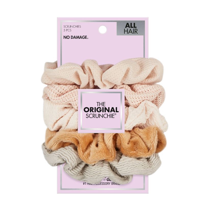 slide 1 of 6, scunci scünci No Damage Mixed Texture Scrunchies - Peach Tones - All Hair - 5pcs, 5 ct