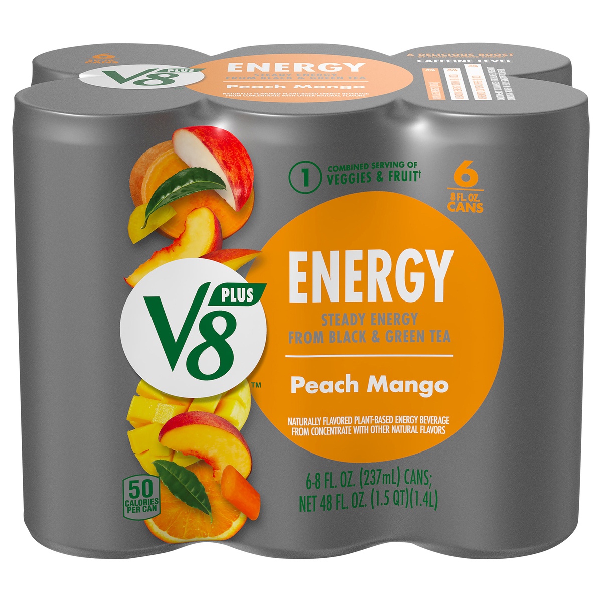 slide 1 of 9, V8 Vfusion Energy Peach Mango Vegetable Fruit Juice, 6 ct; 8 oz