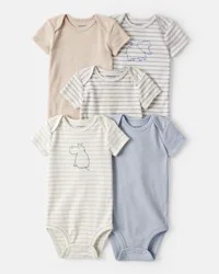 Carter's Baby Boy 5-Pack Hippo Multipack Bodysuits - Brown/Blue/White Beige/Blue/Cream 12M