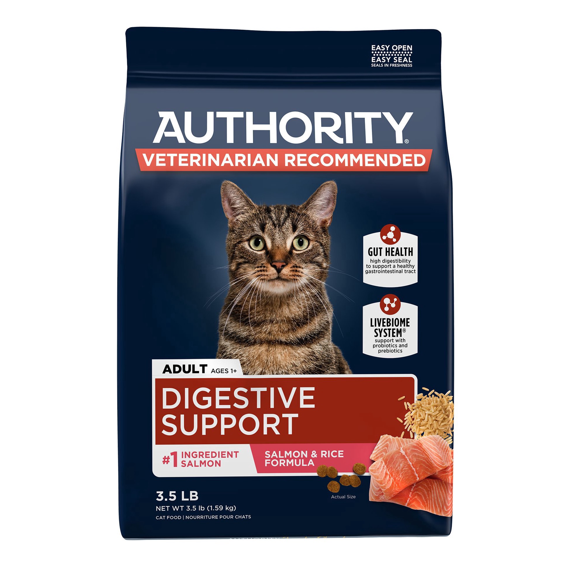 slide 1 of 1, Authority Digestive Support Adult Cat Food - Gut Health, Salmon & Rice Formula, 3.5 lb