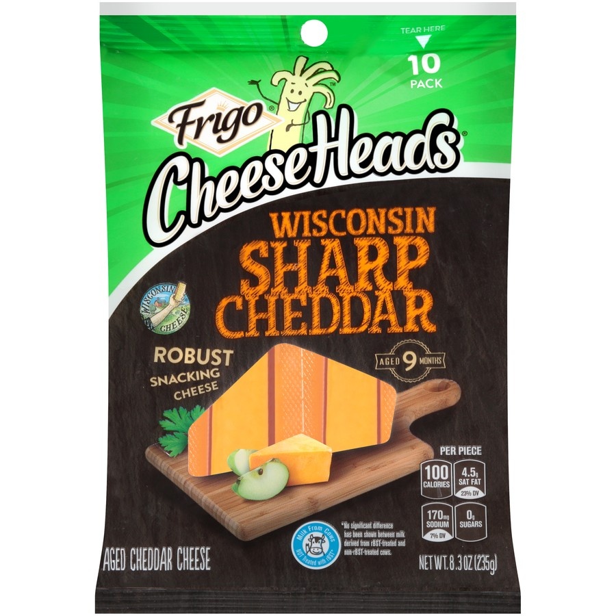 slide 1 of 6, Frigo Cheese-Heads Premium Snacking Wisconsin Sharp Cheddar Cheese Sticks, 10 ct