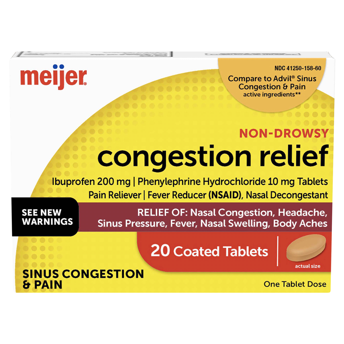 slide 1 of 25, Meijer Ibuprofen PE, Sinus Congestion and Pain Relief, 20 ct