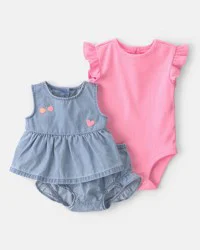 Carter's Baby Girl 3-Piece Cherry Chambray Sleeveless Top, Bodysuit & Short Set - Pink/Blue, 3M