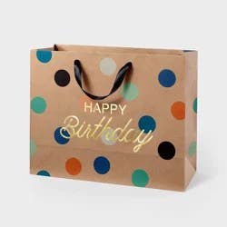 "Happy Birthday" Dots on Kraft Medium Gift Bag - Spritz™: Multicolor Polka Dot, 10" x 12.75" x 5", Classic Pattern