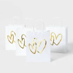 4ct Small Foil Print Hearts Wedding Gift Bags White/Gold - Spritz™