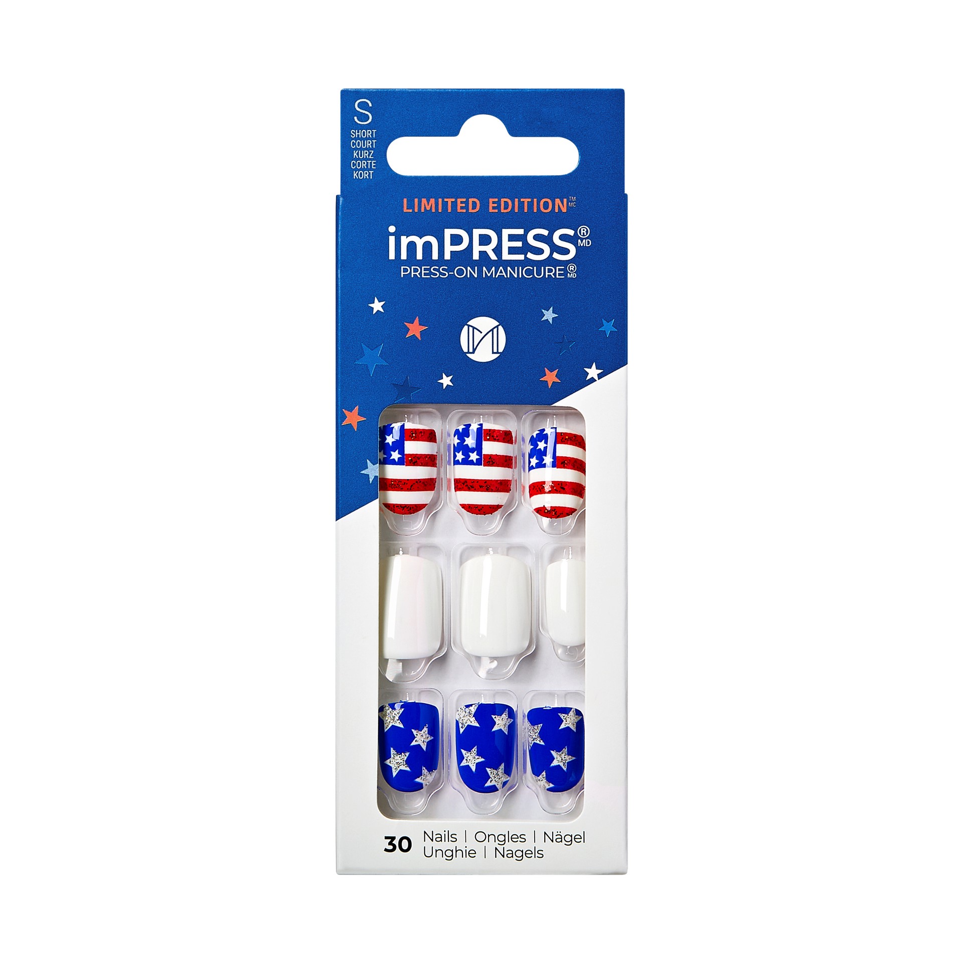 slide 1 of 5, imPRESS Short Square Press-On Nails, Red, White & Blue, 30 Pieces, 1 ct