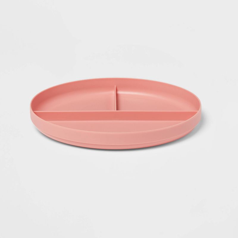 slide 3 of 3, 7.3" Plastic Divided Kids' Plate Coral Pink - Pillowfort™: Dishwasher & Microwave Safe, Toddler Dining, 1 ct