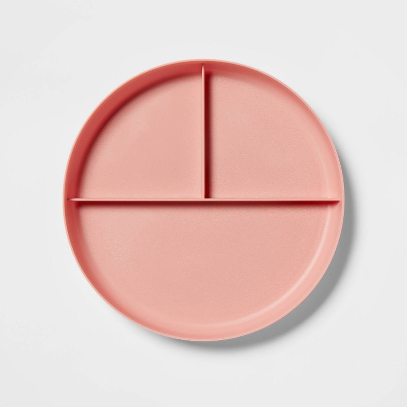 slide 1 of 3, 7.3" Plastic Divided Kids' Plate Coral Pink - Pillowfort™: Dishwasher & Microwave Safe, Toddler Dining, 1 ct
