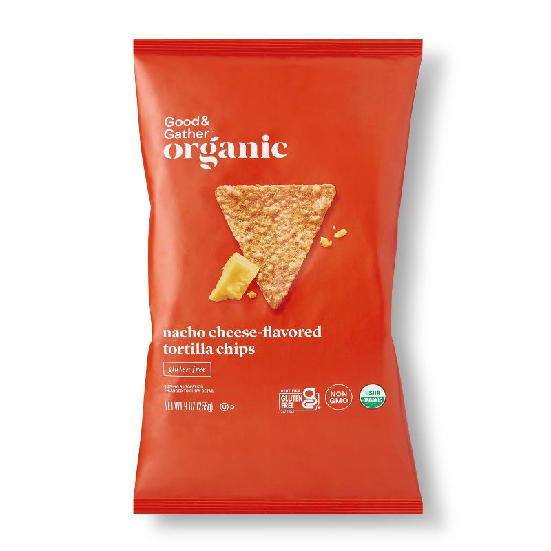 slide 1 of 3, Organic Nacho Cheese Tortilla Chips - 9oz - Good & Gather™, 9 oz