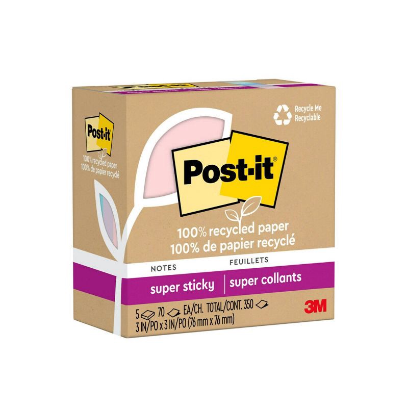 slide 18 of 22, Post-it® 100% Recycled Paper Super Sticky Notes, 3 in. x 3 in., Wanderlust Pastels, 5 Pads/Pack, 70 Sheets/Pad: Multicolored Stationery, Uncoated, 1 ct
