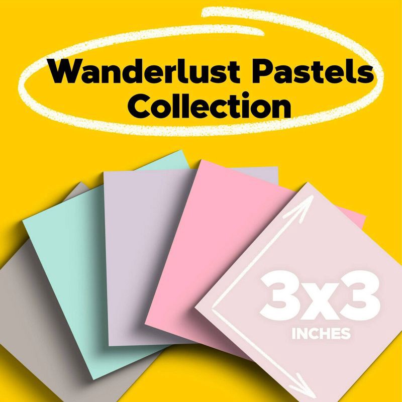 slide 20 of 22, Post-it® 100% Recycled Paper Super Sticky Notes, 3 in. x 3 in., Wanderlust Pastels, 5 Pads/Pack, 70 Sheets/Pad: Multicolored Stationery, Uncoated, 1 ct