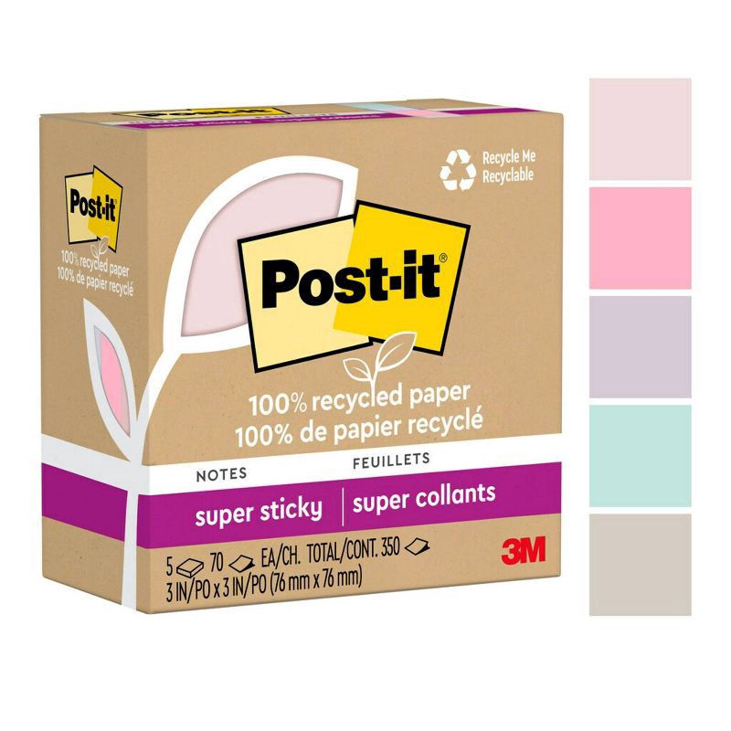 slide 22 of 22, Post-it® 100% Recycled Paper Super Sticky Notes, 3 in. x 3 in., Wanderlust Pastels, 5 Pads/Pack, 70 Sheets/Pad: Multicolored Stationery, Uncoated, 1 ct