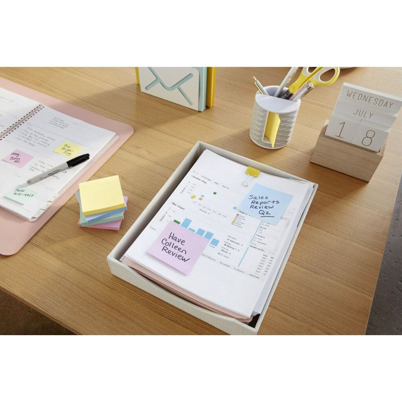 slide 7 of 22, Post-it® 100% Recycled Paper Super Sticky Notes, 3 in. x 3 in., Wanderlust Pastels, 5 Pads/Pack, 70 Sheets/Pad: Multicolored Stationery, Uncoated, 1 ct