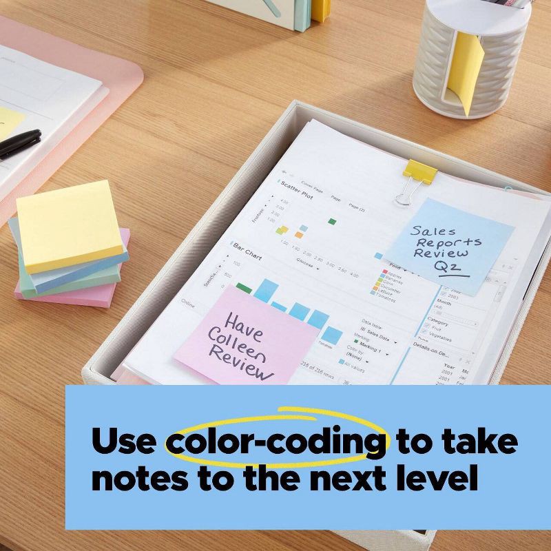 slide 8 of 22, Post-it® 100% Recycled Paper Super Sticky Notes, 3 in. x 3 in., Wanderlust Pastels, 5 Pads/Pack, 70 Sheets/Pad: Multicolored Stationery, Uncoated, 1 ct