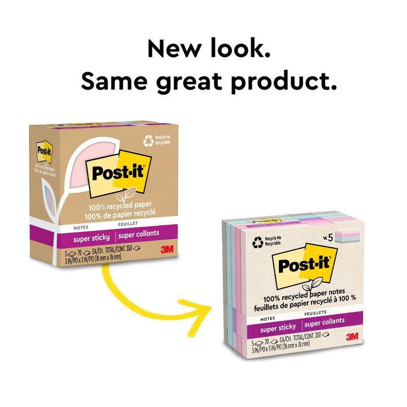 slide 9 of 22, Post-it® 100% Recycled Paper Super Sticky Notes, 3 in. x 3 in., Wanderlust Pastels, 5 Pads/Pack, 70 Sheets/Pad: Multicolored Stationery, Uncoated, 1 ct