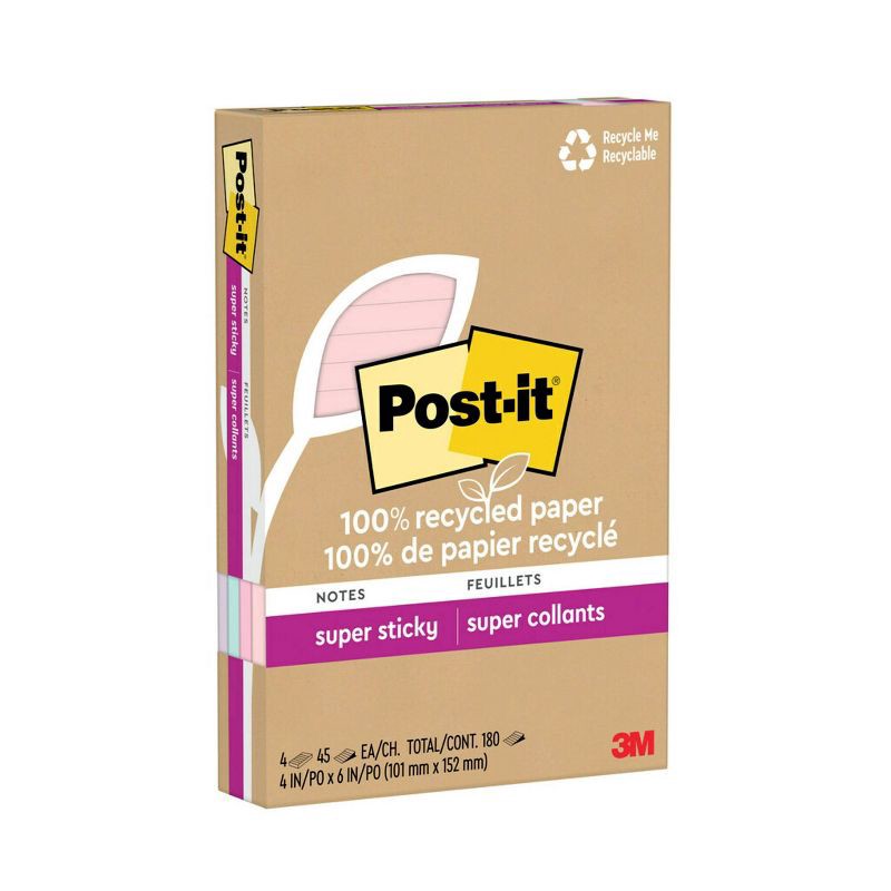 slide 2 of 17, Post-it Recycled Super Sticky Notes 4"x6" Pastels: Large Unbound Multicolored Sticky Notes, 180 Sheets, 100% Recycled Paper, 1 ct