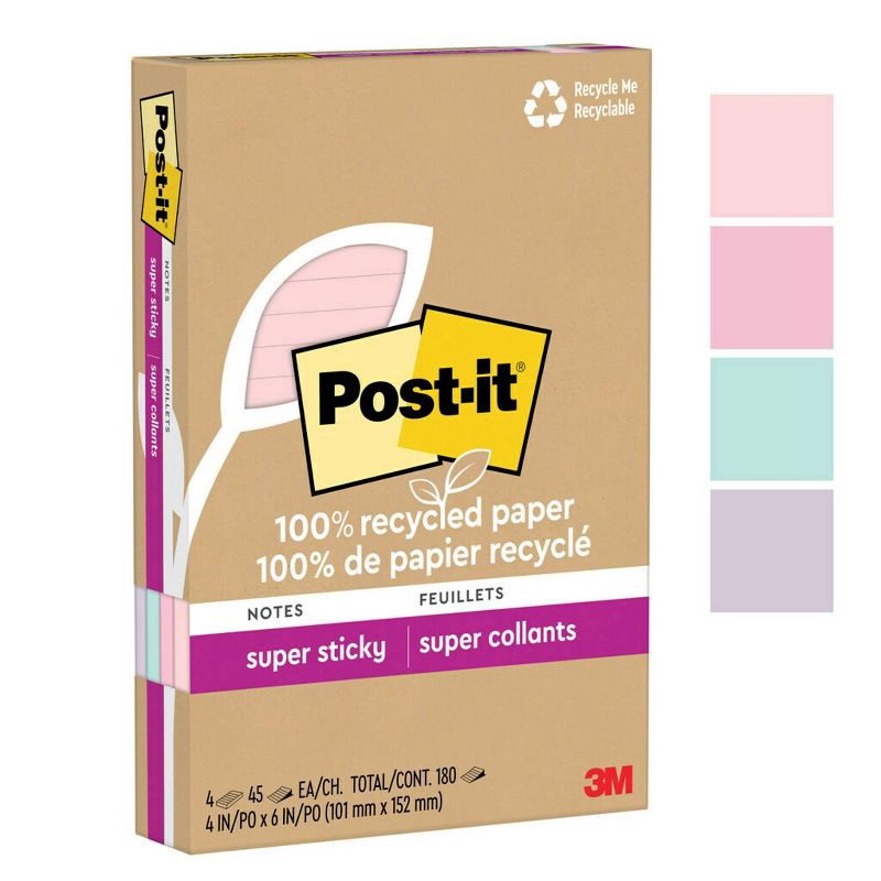 slide 17 of 17, Post-it Recycled Super Sticky Notes 4"x6" Pastels: Large Unbound Multicolored Sticky Notes, 180 Sheets, 100% Recycled Paper, 1 ct