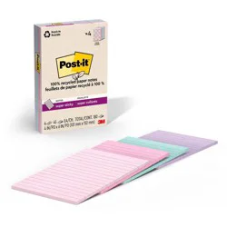 Post-it Recycled Super Sticky Notes 4"x6" Pastels: Large Unbound Multicolored Sticky Notes, 180 Sheets, 100% Recycled Paper