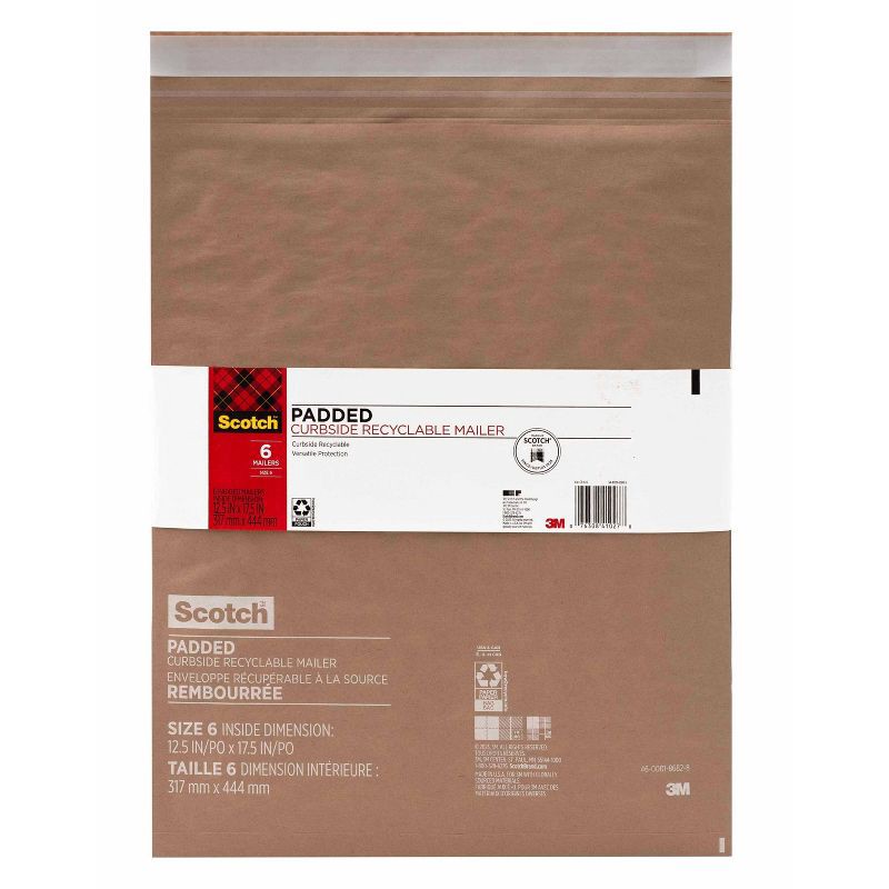 slide 1 of 16, Scotch Curbside Recyclable Mailer Size 6 Brown: Self-Adhesive Shipping Envelopes, Padded, 18"x12.5", Pack of 6, 1 ct