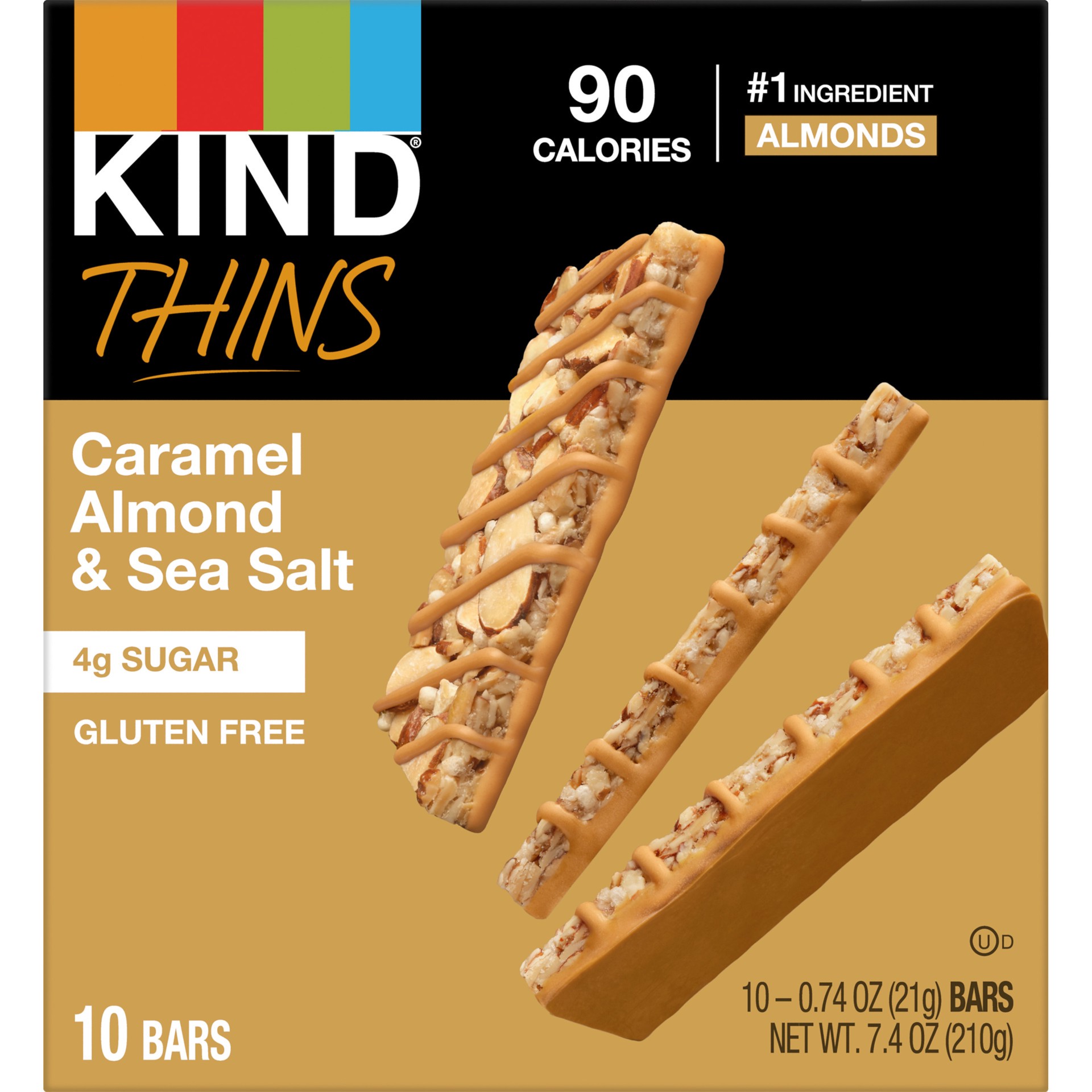 slide 1 of 9, KIND Thins, Caramel Almond & Sea Salt, 0.74 oz, 10 Count, 7.4 oz