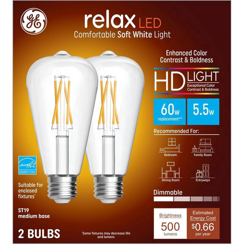 slide 1 of 5, GE Household Lighting 2pk 5.5W 60W Equivalent Relax HD LED Light Bulbs Soft White, 2 ct