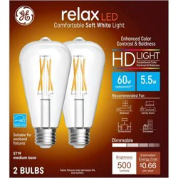 GE Household Lighting 2pk 5.5W 60W Equivalent Relax HD LED Light Bulbs Soft White