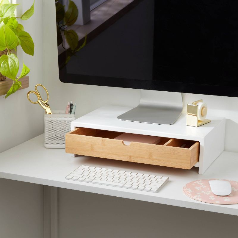 slide 2 of 3, White Monitor Stand with Drawer - Brightroom™: Desk Organizer, Office Supplies, Bamboo & Steel, Monitor Riser, 1 ct