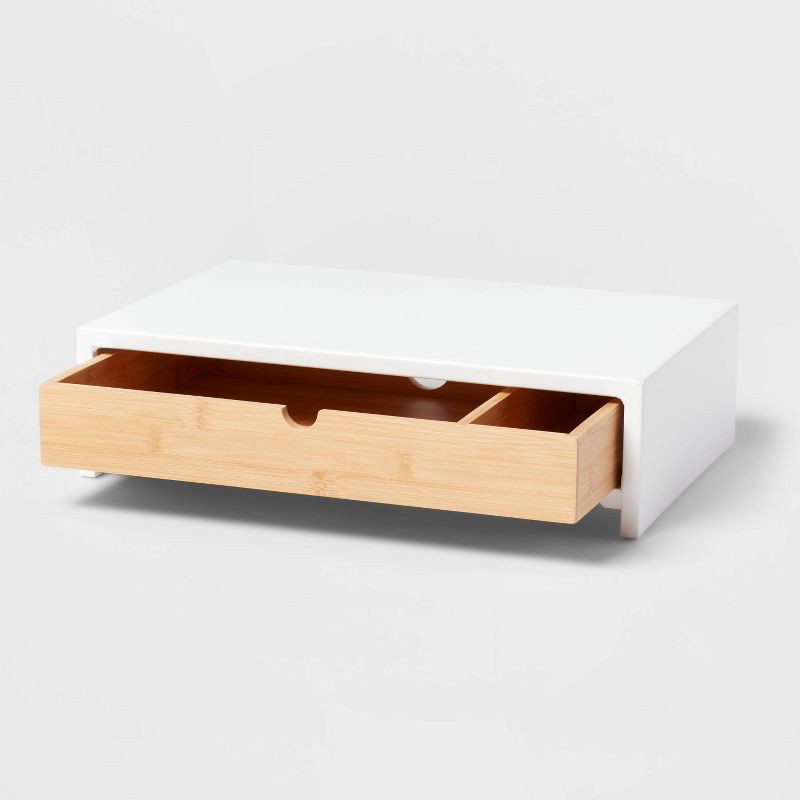 slide 3 of 3, White Monitor Stand with Drawer - Brightroom™: Desk Organizer, Office Supplies, Bamboo & Steel, Monitor Riser, 1 ct
