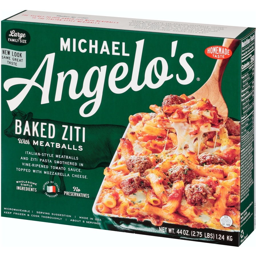 slide 3 of 3, Michael Angelo's Large Family Size Frozen Baked Ziti with Meatballs, 44 oz