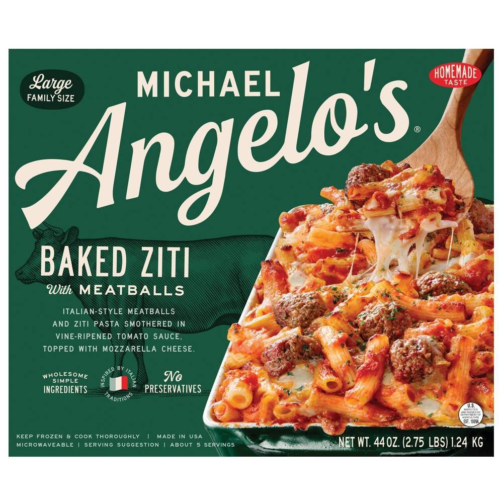 slide 1 of 3, Michael Angelo's Large Family Size Frozen Baked Ziti with Meatballs, 44 oz