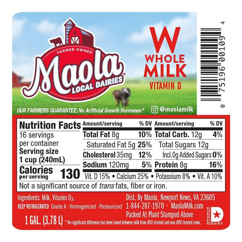 slide 3 of 6, Maola Vitamin D Whole Milk - 1gal, 1 gal