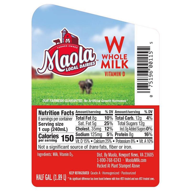 slide 3 of 6, Maola Vitamin D Whole Milk - 0.5gal, 1/2 gal