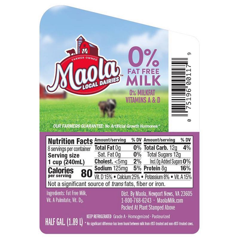 slide 3 of 6, Maola Fat Free Skim Milk - 0.5gal, 1/2 gal
