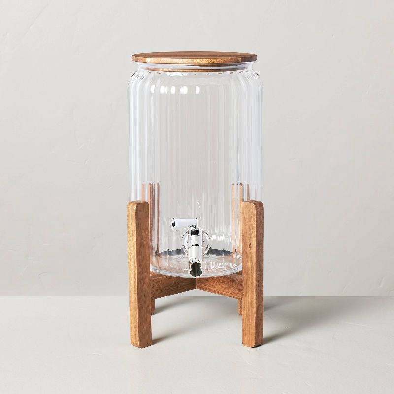 slide 1 of 1, 2gal Ribbed Clear Plastic Beverage Dispenser with Stand & Wood Lid - Hearth & Hand with Magnolia, 2 gal