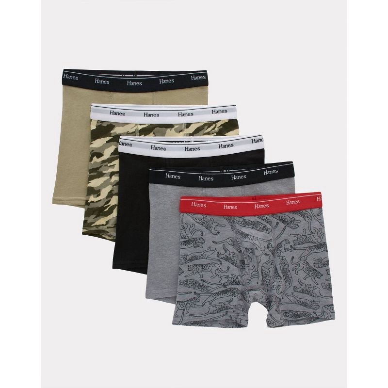 slide 1 of 4, Hanes Boys' 5pk Originals Camo Boxer Briefs - Gray/Black XL: Cotton Spandex Knit, Animal Classic Patterns, 5 ct