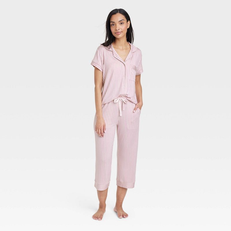 Women's Beautifully Soft Short Sleeve Notch Collar Top and Pants Pajama Set  - Stars Above Pink L 2 ct