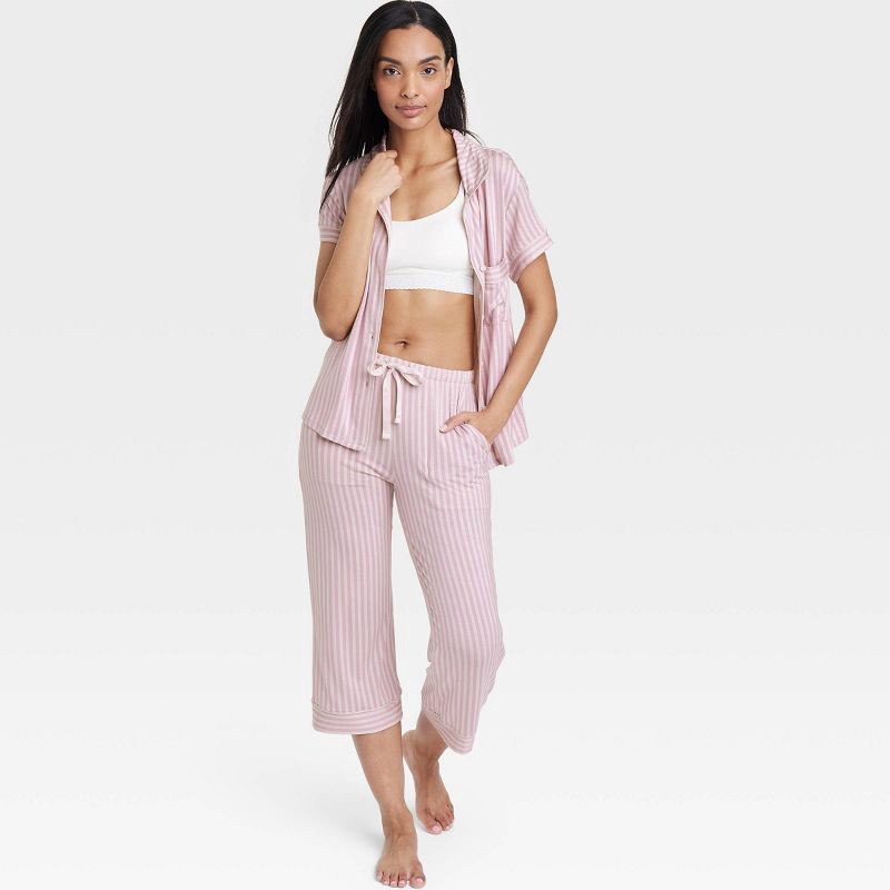 Women's Beautifully Soft Short Sleeve Notch Collar Top and Pants Pajama Set  - Stars Above Pink XL