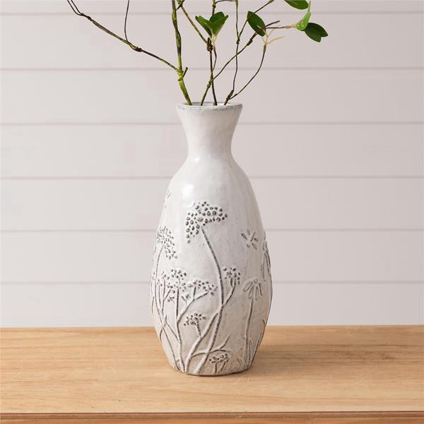 slide 1 of 1, 13.5" Gray Debossed Botanical Vase, 1 ct