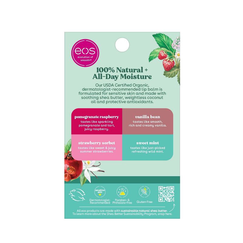 slide 2 of 7, eos 100% Natural & Organic Lip Balm Variety Pack - Strawberry Sorbet, Pomegranate Raspberry, Sweet Mint, Vanilla Bean - 0.56oz/4pk, 0.56 oz, 4 ct