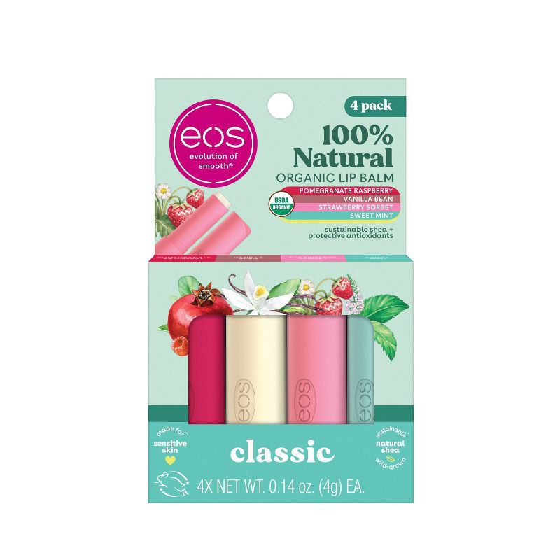 slide 1 of 7, eos 100% Natural & Organic Lip Balm Variety Pack - Strawberry Sorbet, Pomegranate Raspberry, Sweet Mint, Vanilla Bean - 0.56oz/4pk, 0.56 oz, 4 ct