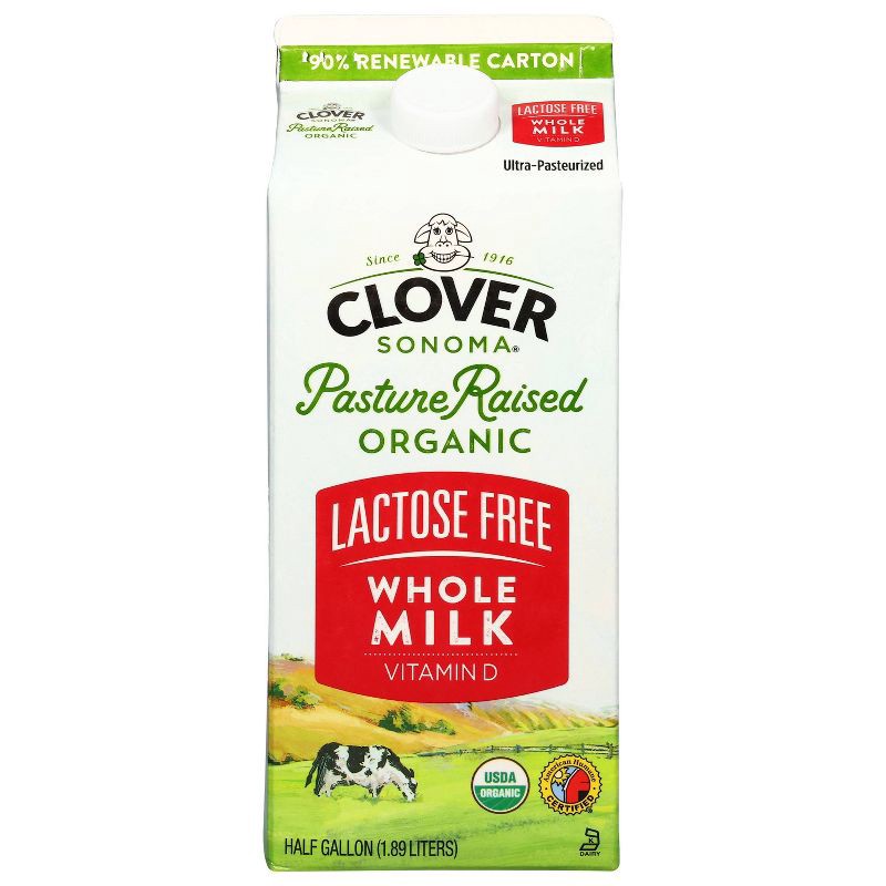 slide 1 of 1, Clover Sonoma Pasture Raised Organic Lactose Free Whole Milk - 0.5 gal, 1/2 gal