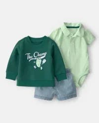 Carters Baby Boy 3-Piece Pickleball Sweatshirt, Bodysuit & Short Set - Green Green 24M