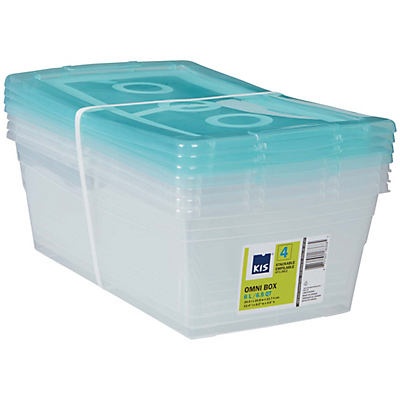 slide 1 of 1, Kis 6.5 qt Shoe Box Clear With Aqua Lid, 4 ct